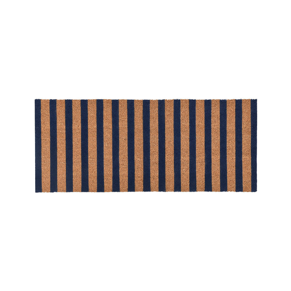 Doormat with blue and brown vertical stripes on a white background
