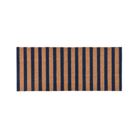 Doormat with blue and brown vertical stripes on a white background