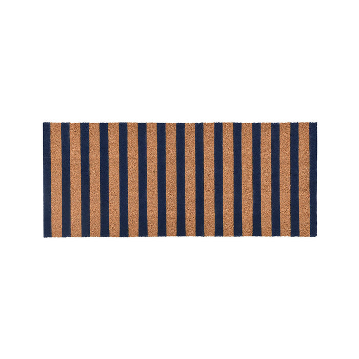 Doormat with blue and brown vertical stripes on a white background