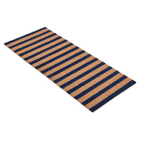 Striped doormat with blue and brown horizontal stripes on a white background