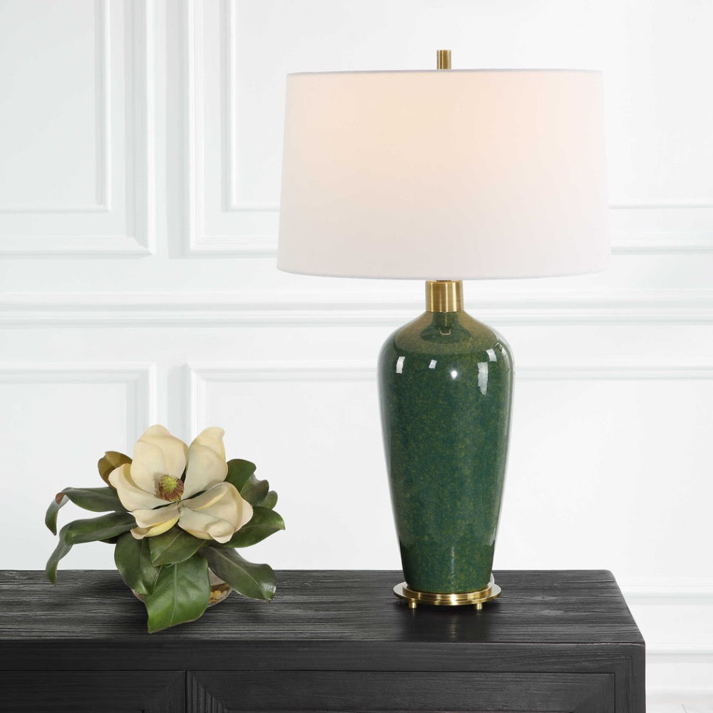 table lamp white shade ceramic base mossy green brass details