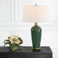 table lamp white shade ceramic base mossy green brass details