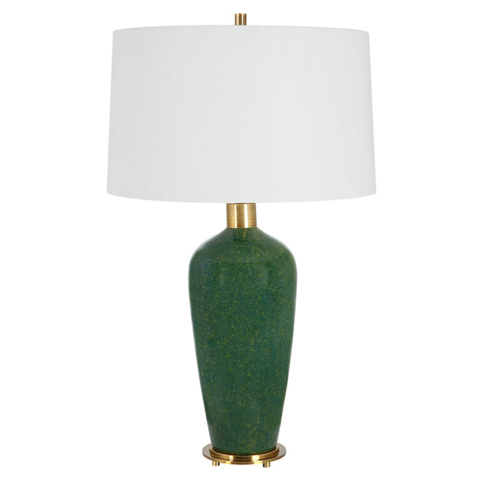 table lamp white shade ceramic base mossy green brass details