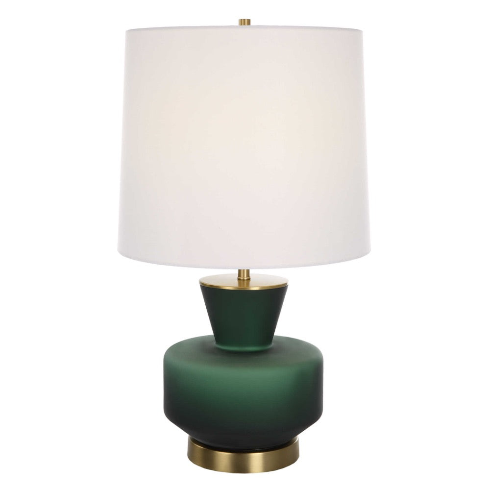 table lamp green base white fabric shade brass details