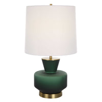 table lamp green base white fabric shade brass details