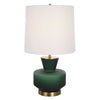 table lamp green base white fabric shade brass details