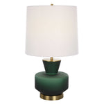 table lamp green base white fabric shade brass details
