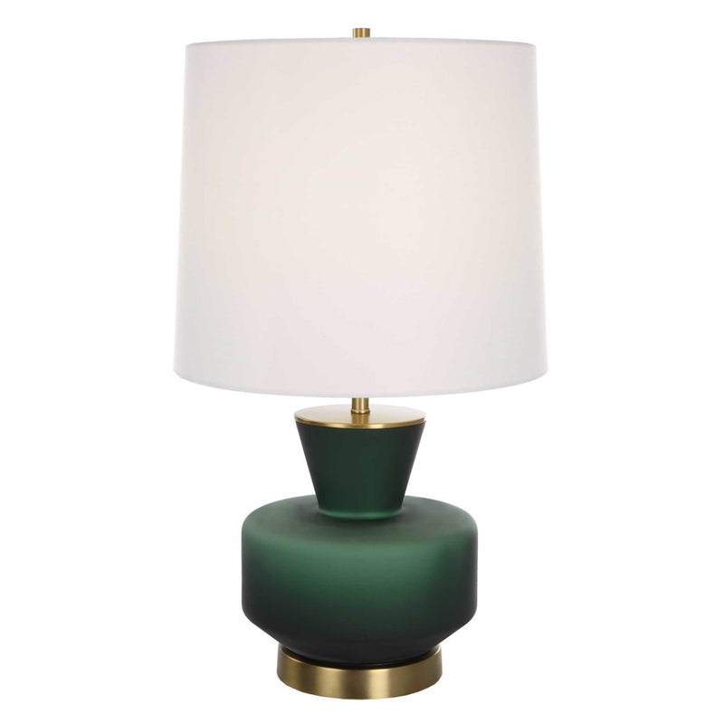 table lamp green base white fabric shade brass details