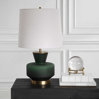table lamp green base white fabric shade brass details
