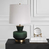 table lamp green base white fabric shade brass details