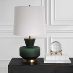 table lamp green base white fabric shade brass details