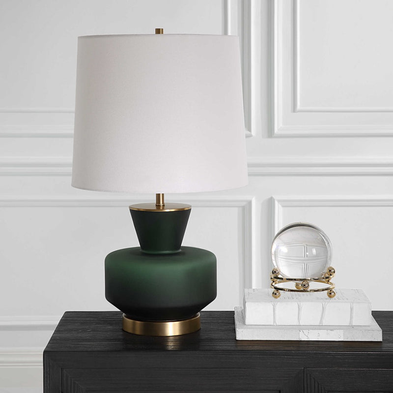 table lamp green base white fabric shade brass details