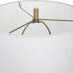 table lamp green base white fabric shade brass details