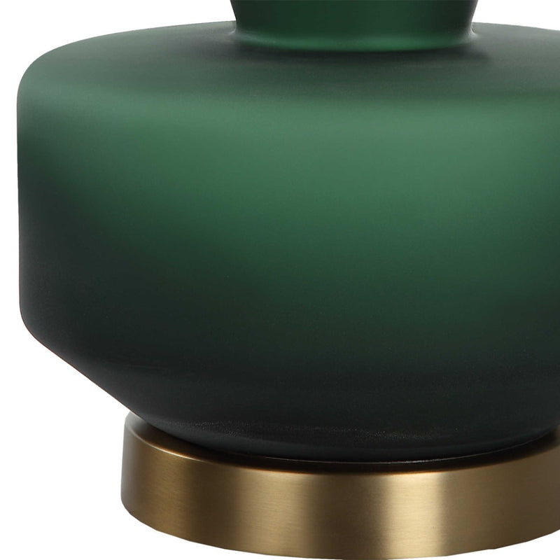 table lamp green base white fabric shade brass details