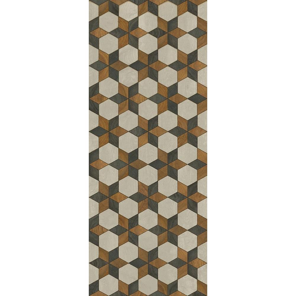 The Illuminated Neutron Star Vinyl Floor Runner by Spicher and Company features a 3D cube pattern in brown, beige, and gray.