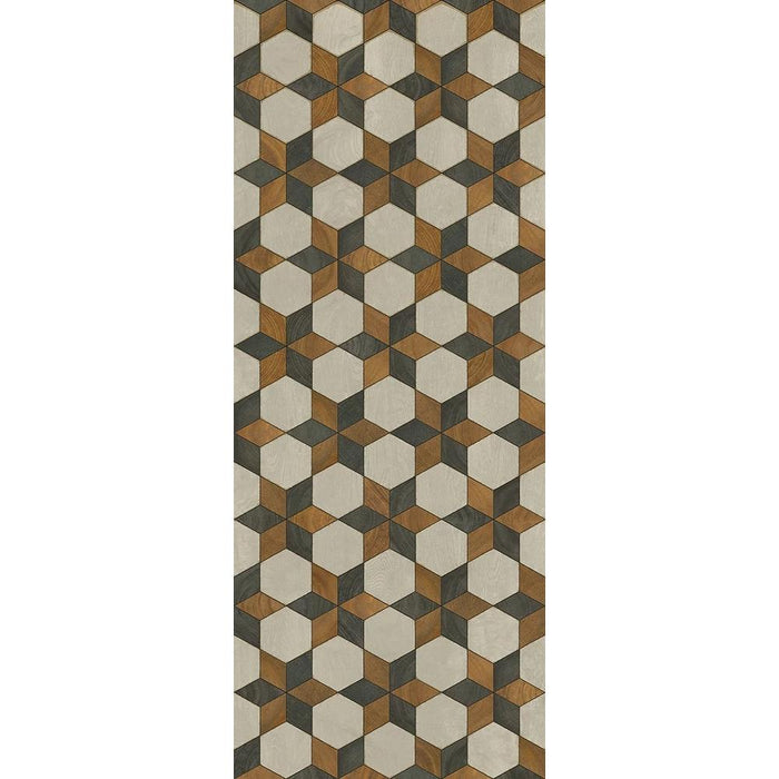 The Illuminated Neutron Star Vinyl Floor Runner by Spicher and Company features a 3D cube pattern in brown, beige, and gray.