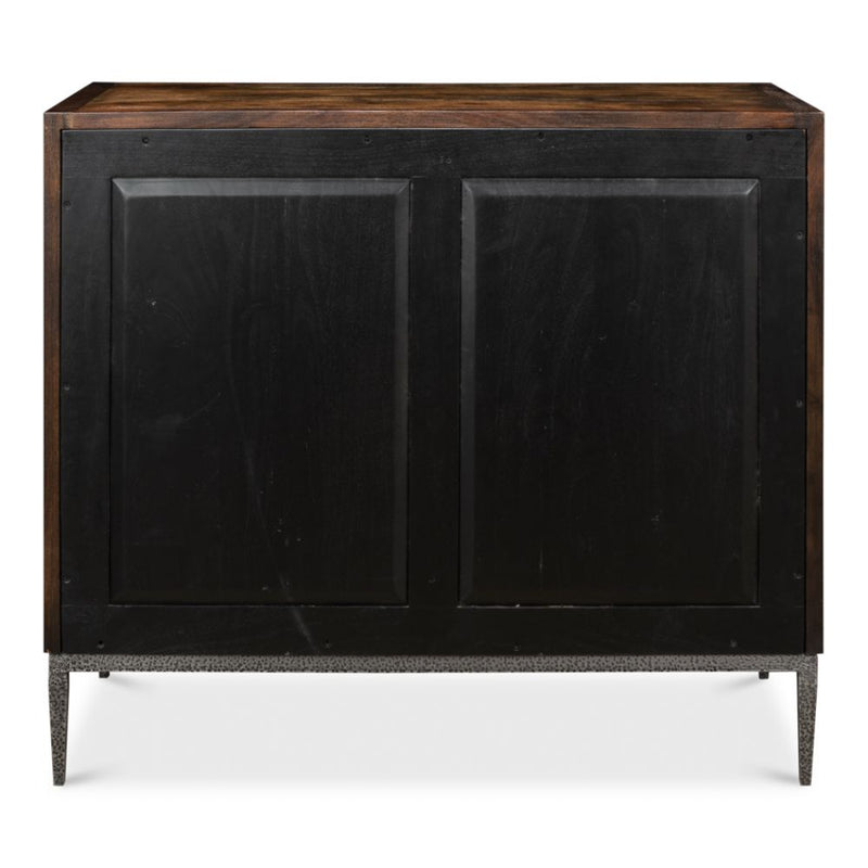3-drawer contemporary chest dark brown wood brushed iron stand drawer pulls