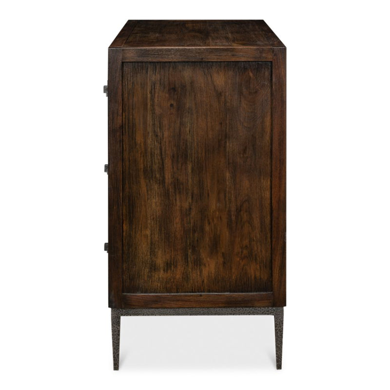 3-drawer contemporary chest dark brown wood brushed iron stand drawer pulls