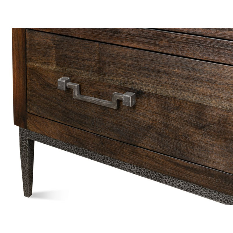 3-drawer contemporary chest dark brown wood brushed iron stand drawer pulls