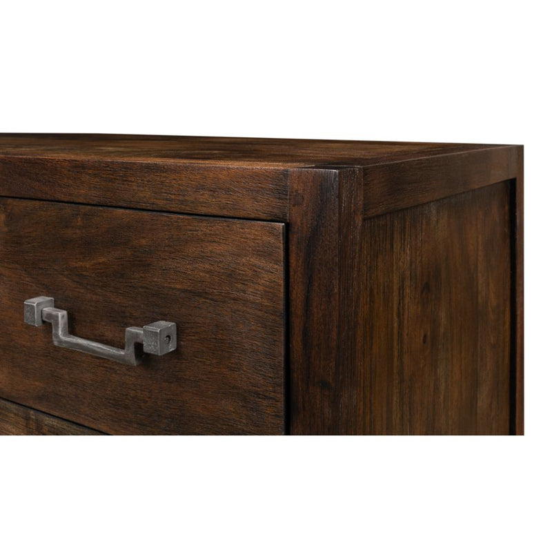 3-drawer contemporary chest dark brown wood brushed iron stand drawer pulls