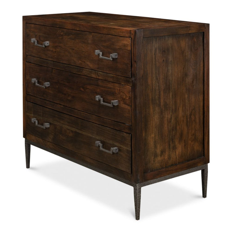 3-drawer contemporary chest dark brown wood brushed iron stand drawer pulls