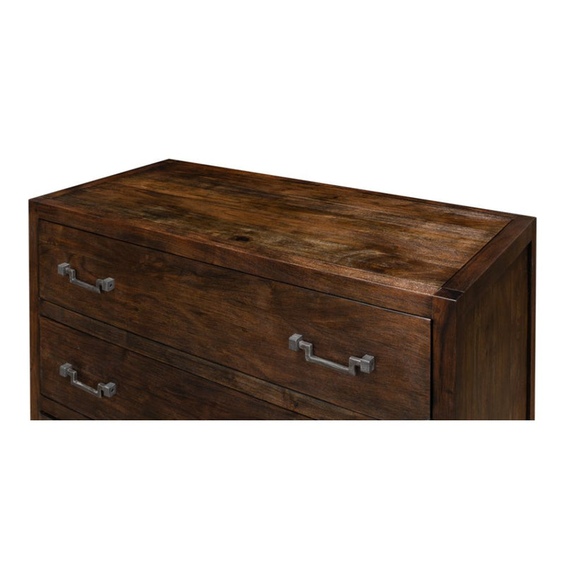 3-drawer contemporary chest dark brown wood brushed iron stand drawer pulls