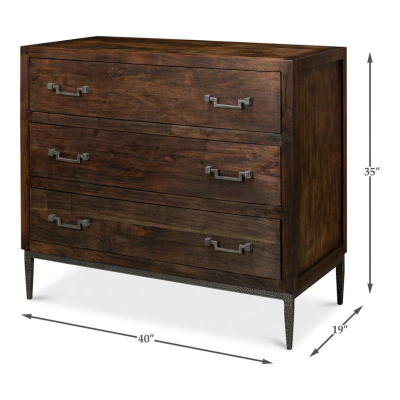 3-drawer contemporary chest dark brown wood brushed iron stand drawer pulls
