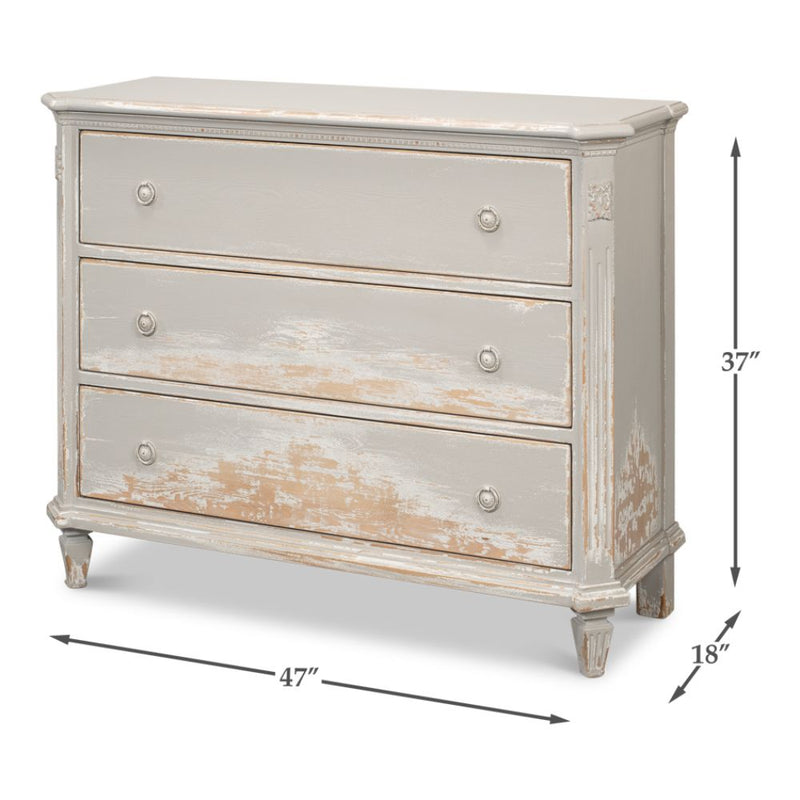 3-drawer chest commode light gray white distressed ring pulls
