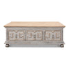coffee table light pine wood distressed gray 4 large drawers metal pulls bun feet natural top Sarreid Ltd.