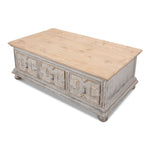coffee table light pine wood distressed gray 4 large drawers metal pulls bun feet natural top Sarreid Ltd.