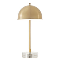 The Romani Desk Lamp by Uttermost features an antique brass finish, gold dome shade, and a clear crystal foot.