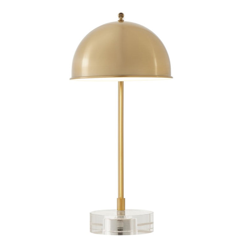The Romani Desk Lamp by Uttermost features an antique brass finish, gold dome shade, and a clear crystal foot.