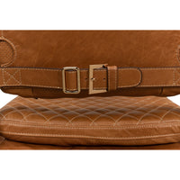 back view brown leather quilted seat gold belt buckle strap