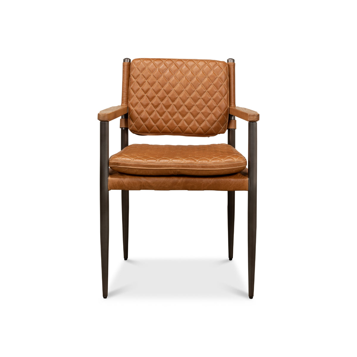 brown quilted leather arm chair metal legs