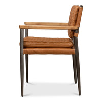 brown quilted leather arm chair metal legs side view