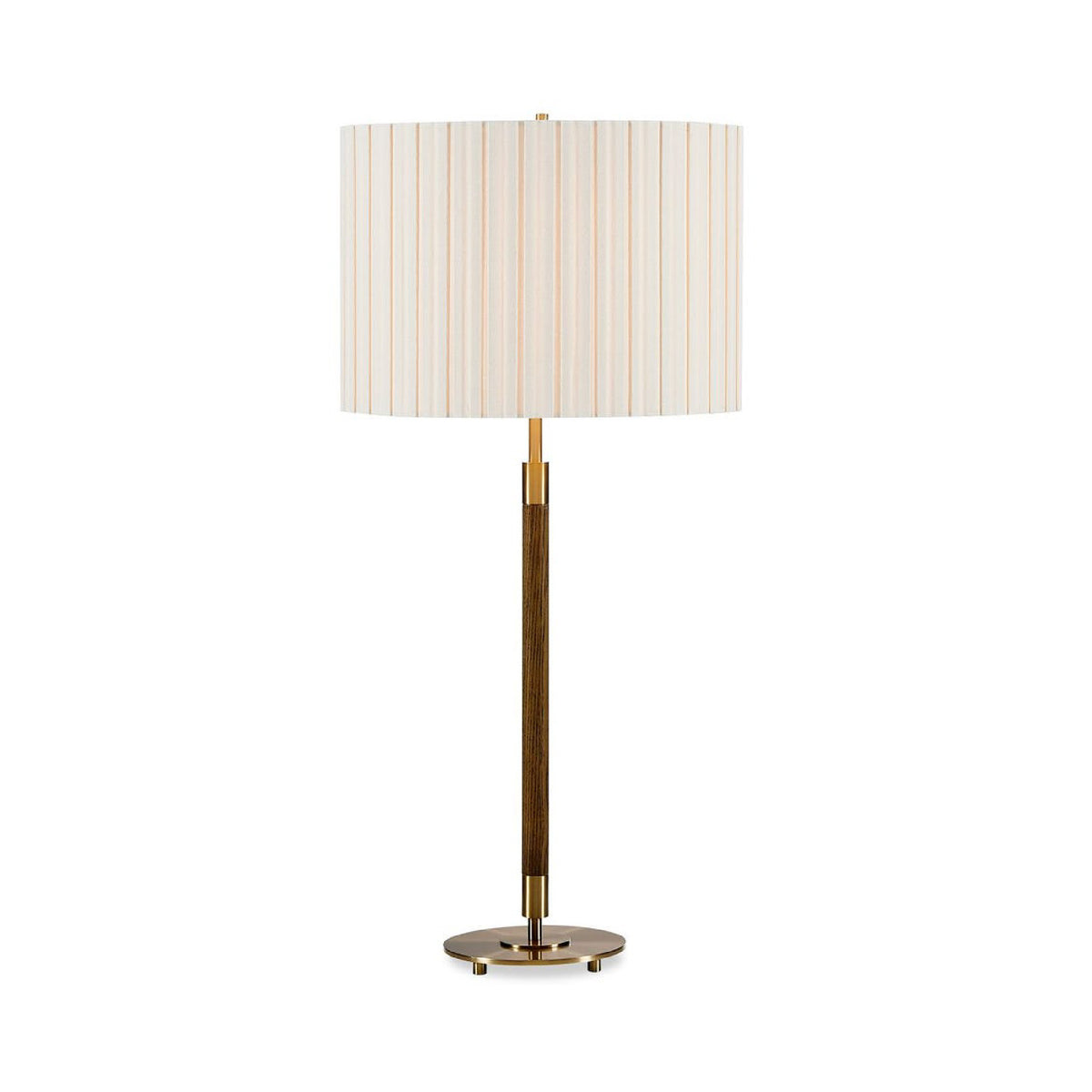 A modern table lamp with a cylindrical pleated fabric shade in cream and light tan stripes, supported by a slim dark wood central column and a polished brass base.