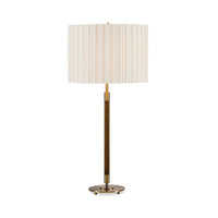 A modern table lamp with a cylindrical pleated fabric shade in cream and light tan stripes, supported by a slim dark wood central column and a polished brass base.