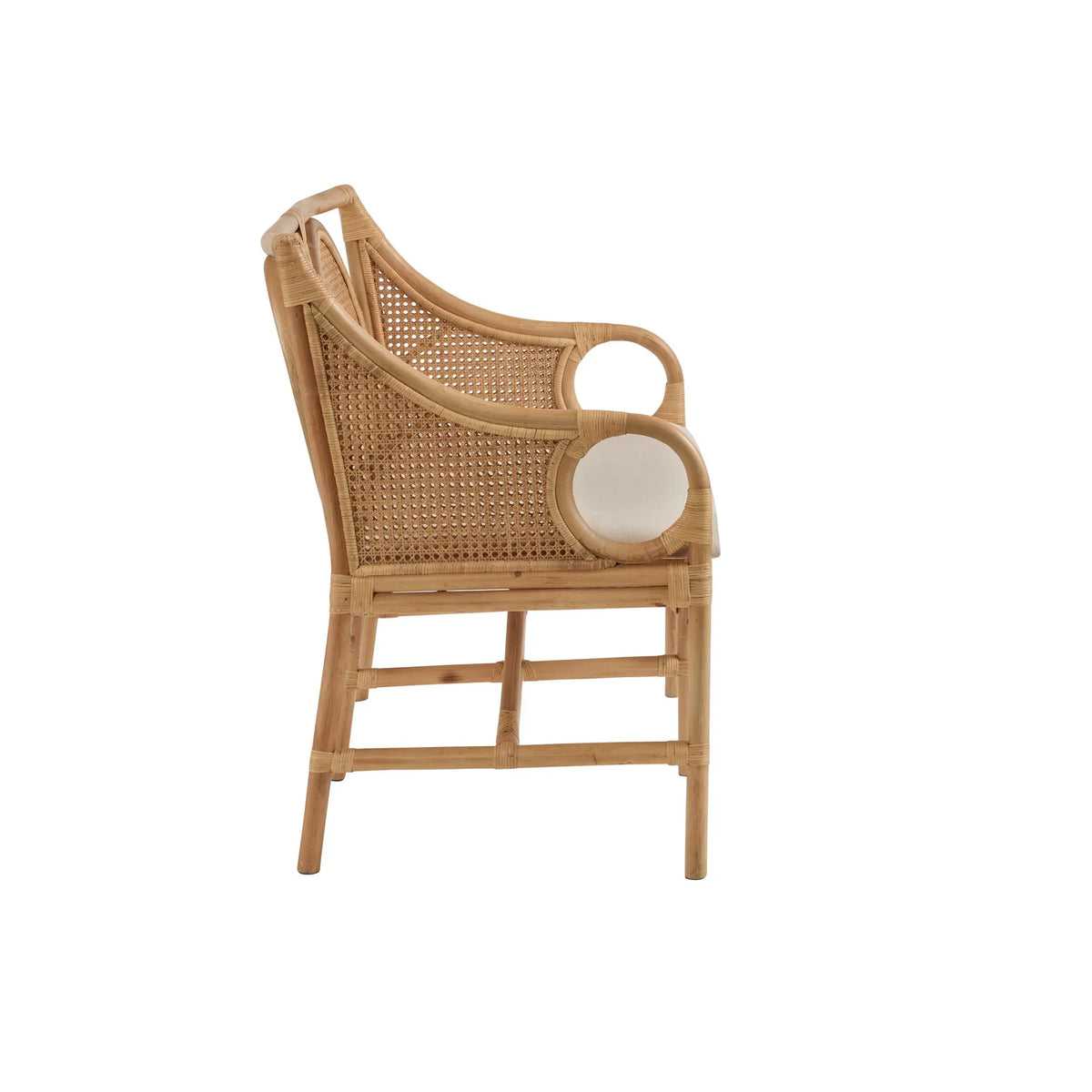 Wicker bench side view with a white cushion on a white background