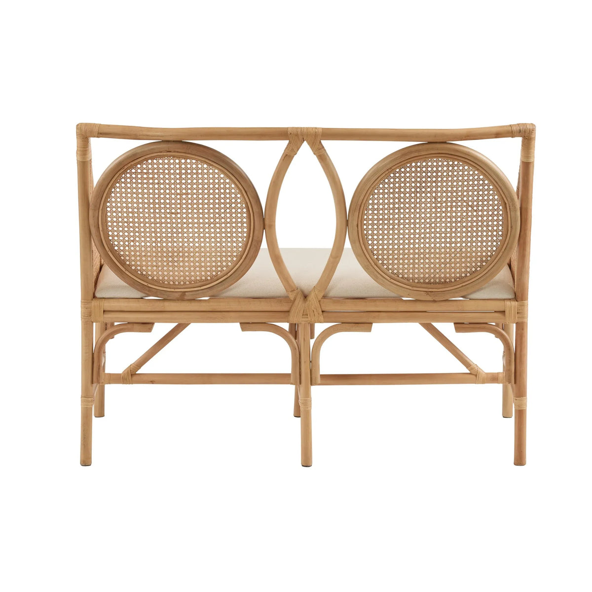 Wicker bench with circular backrests on a white background