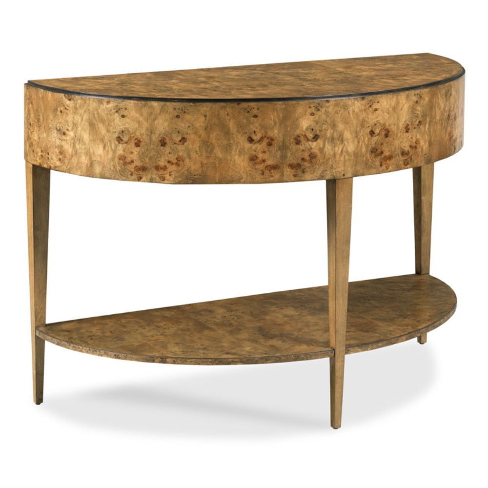 half oval top table natural burl tapered leg apron rail