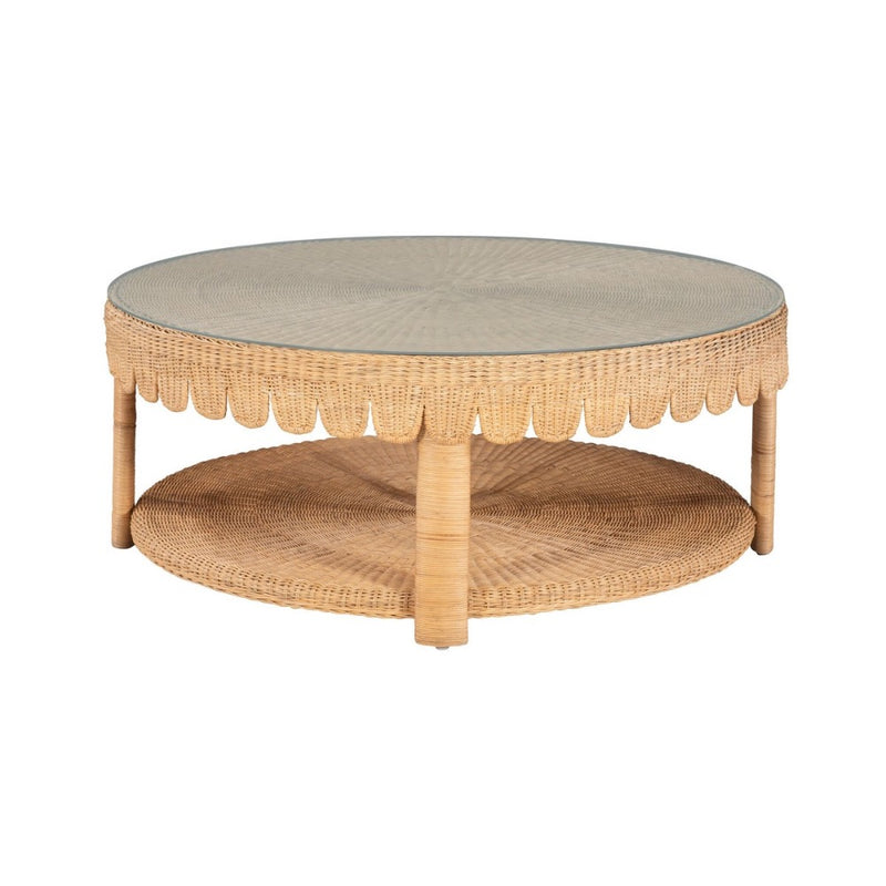 coffee table scalloped glass top round lower shelf