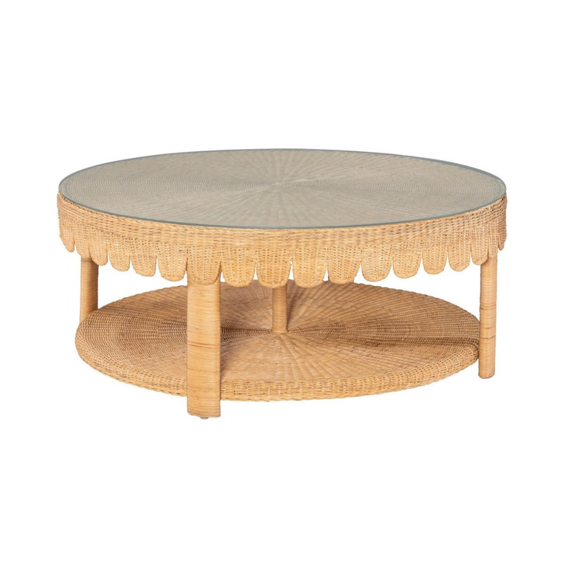 coffee table scalloped glass top round lower shelf