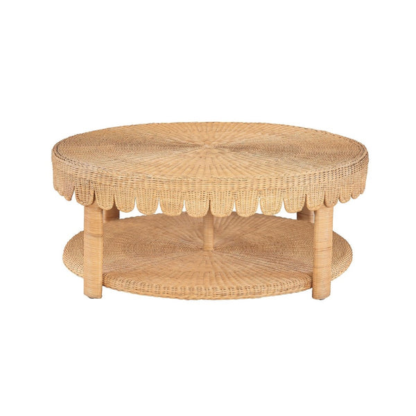 coffee table scalloped glass top round lower shelf