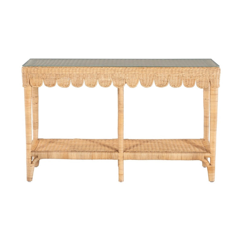 console table scalloped glass top rectangular lower shelf