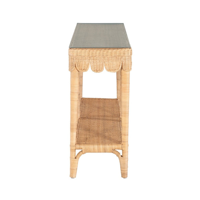 console table scalloped glass top rectangular lower shelf