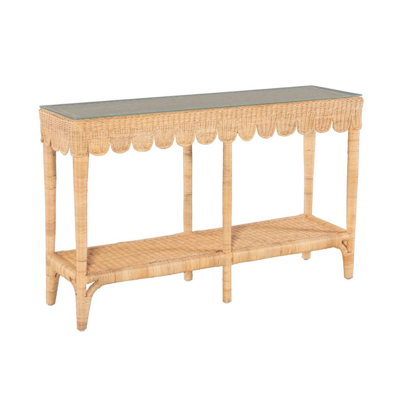 console table scalloped glass top rectangular lower shelf
