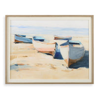 Uttermost's Beached Boats Framed Print features five pastel boats on a serene sandy beach under a light blue sky.