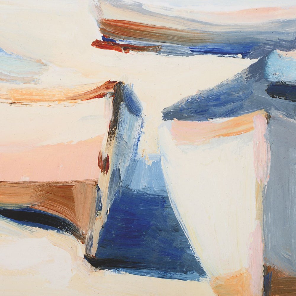 The Beached Boats Framed Print by Uttermost evokes coastal tranquility with blue, beige, peach, and white shapes.