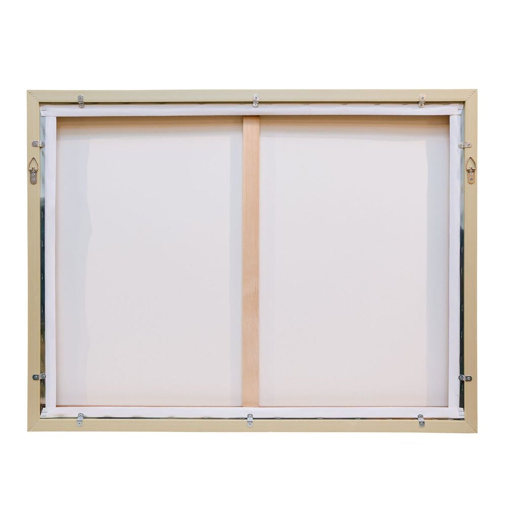 The back view of a framed canvas print, showing a light wood frame, a central wooden stretcher bar, and a white canvas stretched over a metal frame.