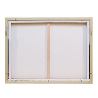 The back view of a framed canvas print, showing a light wood frame, a central wooden stretcher bar, and a white canvas stretched over a metal frame.